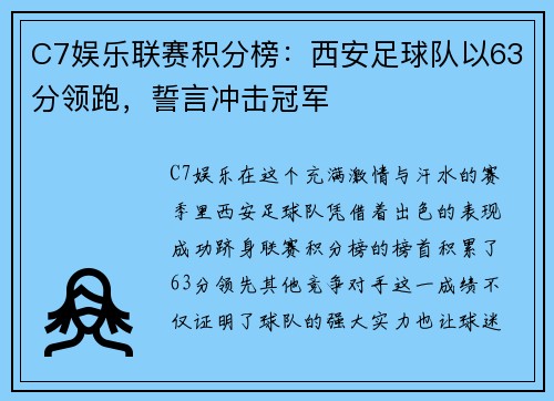 C7娱乐联赛积分榜：西安足球队以63分领跑，誓言冲击冠军
