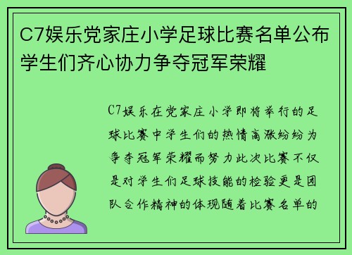 C7娱乐党家庄小学足球比赛名单公布学生们齐心协力争夺冠军荣耀