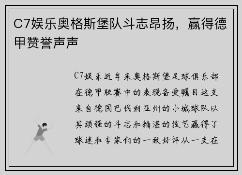 C7娱乐奥格斯堡队斗志昂扬，赢得德甲赞誉声声